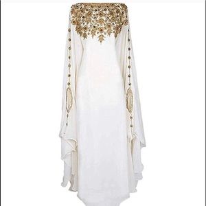 Gold/White kaftan embroidered chiffon dress NWOT